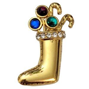 Monet Gold Tone Rhinestone Christmas Stocking Brooch Pin, Signed M749